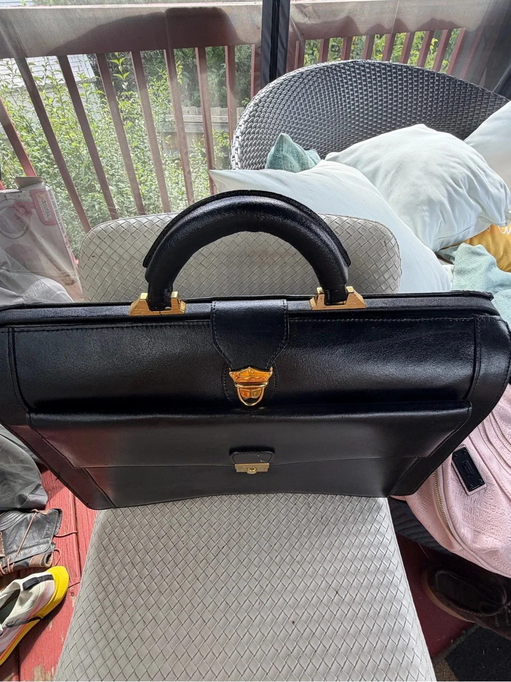 Men's Black Leather Briefcase with Gold Hardware - Classic Professional Style